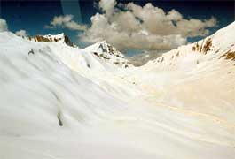 A view of snow covered mountains enroute to the Holy Cave Shrine of Shri Amarnathji.