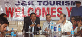 The Minister for Tourism and Culture Jammu & Kashmir addressing a press conference at Srinagar.