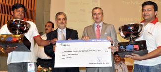 Chief Minister, Mr. Omar Abdullah giving away prizes to the winners of 2nd Mughal Rally at SKICC, Srinagar, Kashmir.