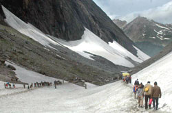 Pilgrims trekking on snow bound mountains on way to Shri Amarnathj Shrine