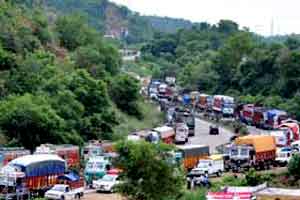 National Highway near Jammu with stranded vehicles