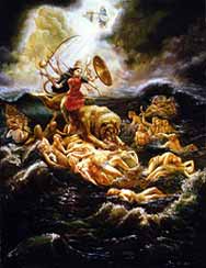 Goddess Durga killing demon Mahishasura.