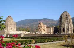 View of ancient Krimchi Temple from garden.