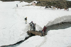 Pilgrims crossing snow bound mountains.